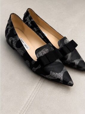 Jimmy Choo Black Pointed-Toe Bow Flats with Silver Glitter Pattern